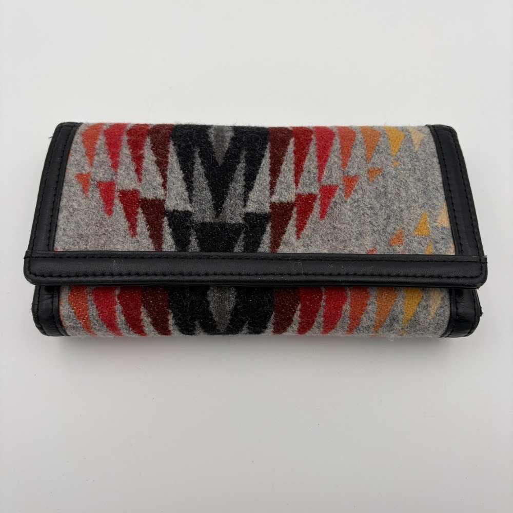 Pendleton Wool Trifold Wallet Aztec Geometric Blanket Leather Trim